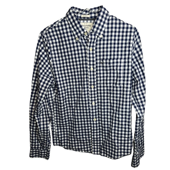NWT Abercrombie&fitch Muscle Long Sleeve Checkered Blue and White Collard Top - Picture 1 of 8